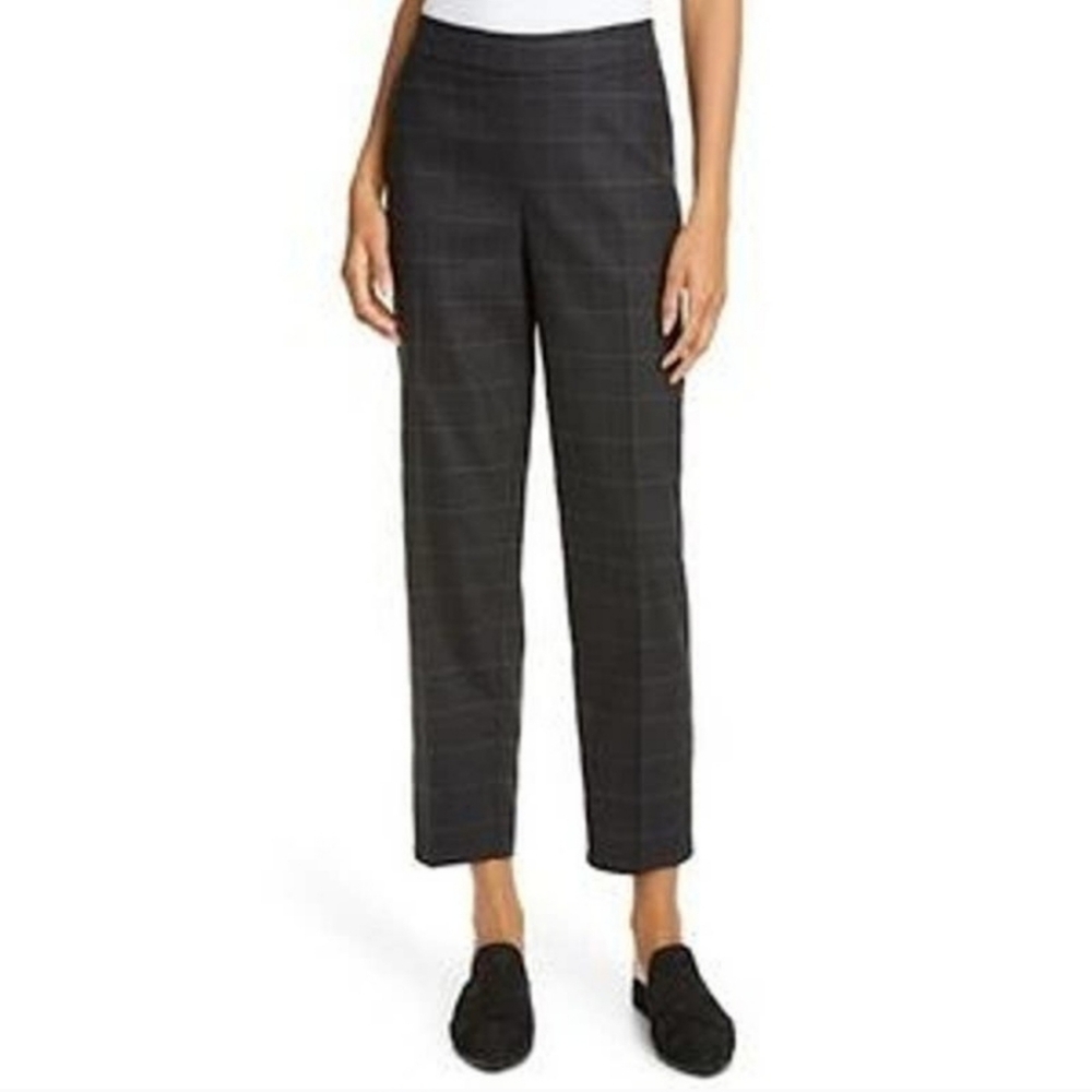 Eileen Fisher Heathered Stretch Charcoal Plaid Flannel Pants